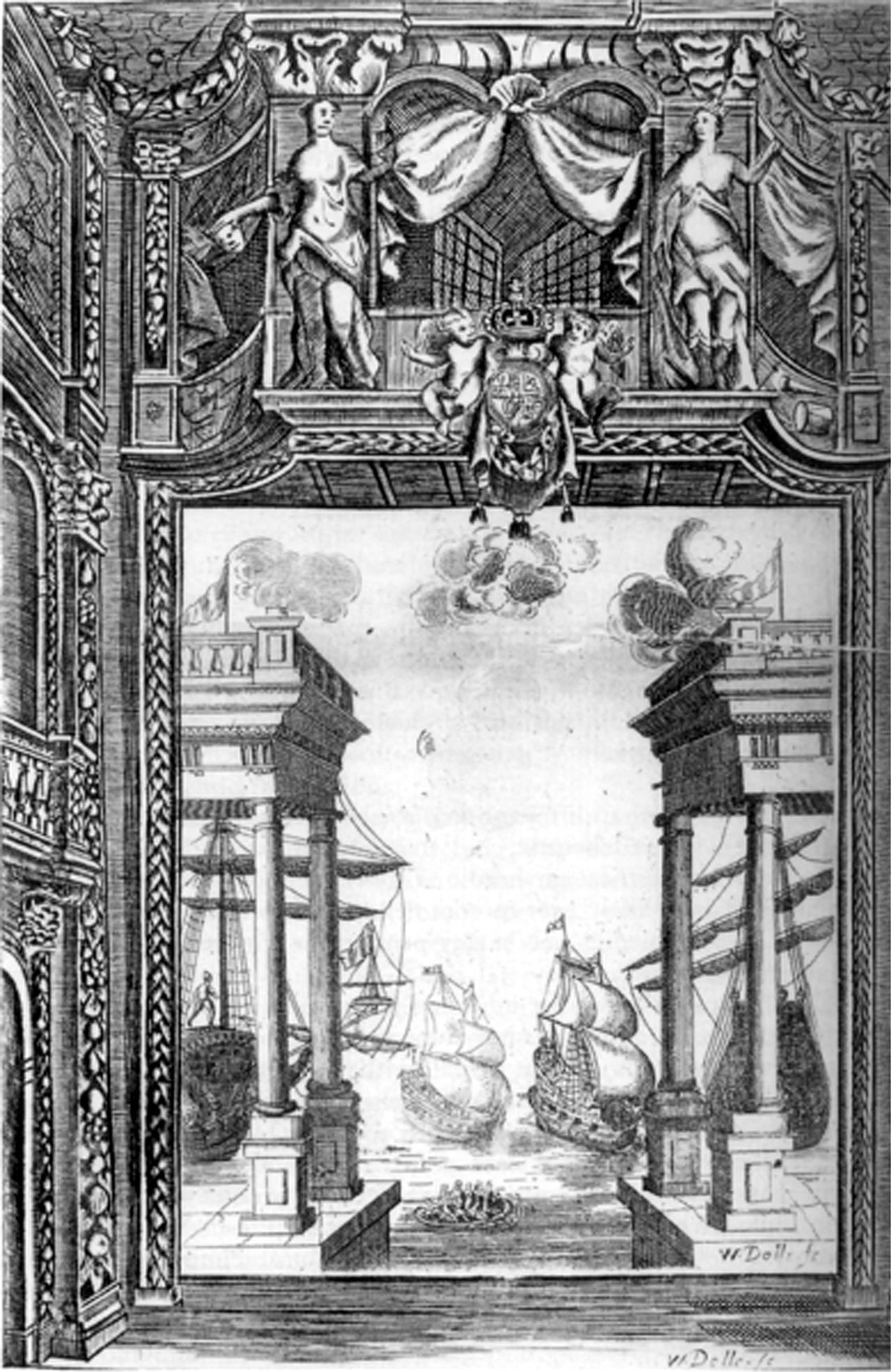 An engraving featuring Elkhana Settle's spectacular play Morocco.